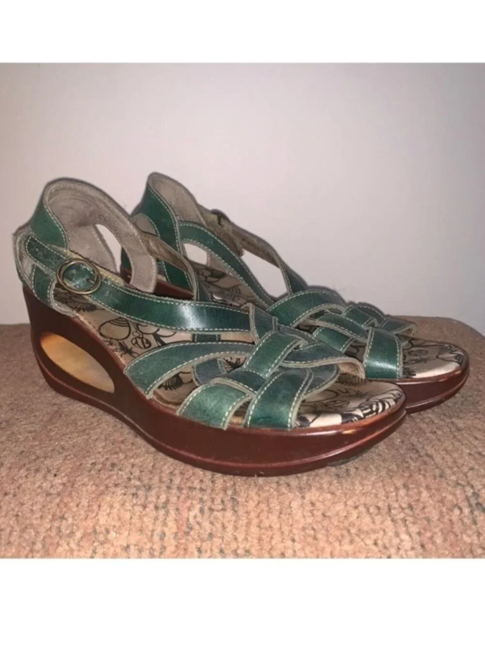 Fly London Teal Leather Wedge Sandals